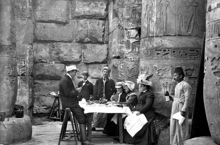 Victorian tourists eating lunch in Egypt, around 1890
